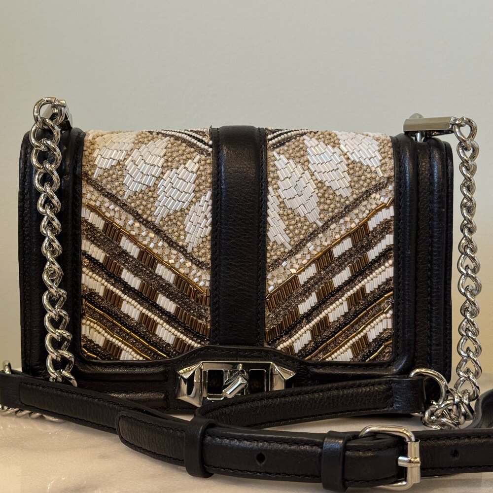 Rebecca Minkoff Small Love Crossbody Bag – Aztec Beaded Design & Black Leather